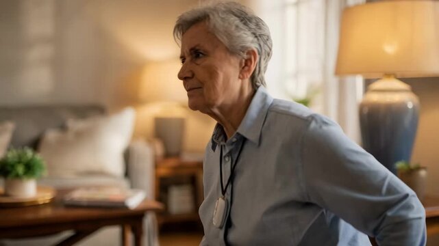 Medium shot of a user testing a fall detector pendant with the wearer in sharp focus against a softly blurred home environment.