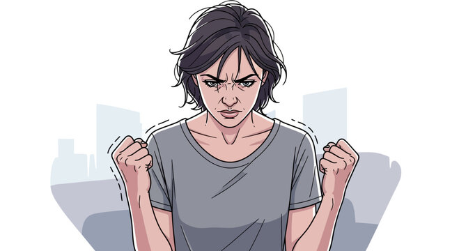 Woman with clenched fists expressing anger and frustration.