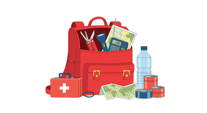 Essential red emergency backpack packed with survival gear, including a first aid kit, water, and canned food, ready