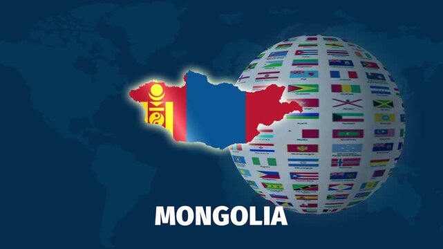 Mongolia map animation on blue background with rotating globe