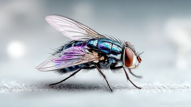 Detailed close-up of a vibrant, iridescent fly showcasing intricate wing patterns.