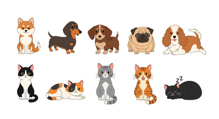 Fototapeta premium Set of Cute Cartoon Vector Dog and Cat Illustrations Isolated on White Background Including Pug Shiba and Tabby