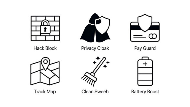 The combination of device protection optimization icons represents anti hacking, privacy protection, payment protection, and device cleaning, suitable for digital device security scenarios.
