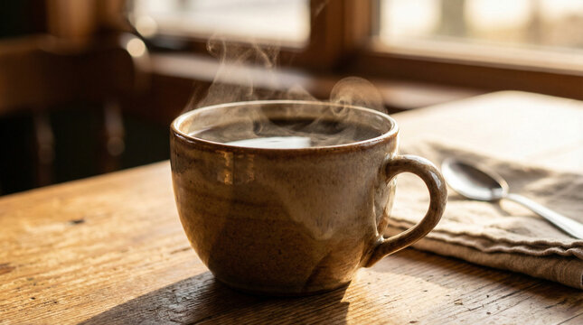 Fresh Morning Coffee Close-Up on Wooden Table