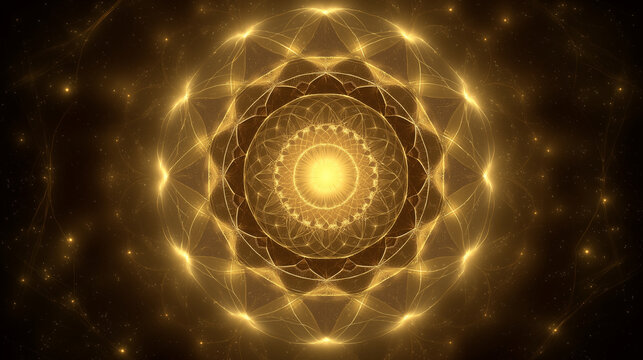 Abstract golden mandala light pattern in symmetrical sacred geometry style on dark background representing spiritual harmony
