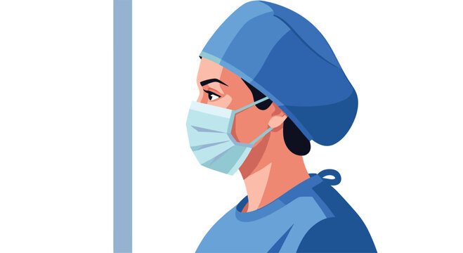 Close-up side profile of a focused female surgeon wearing a blue surgical cap and a protective face mask, ready for an