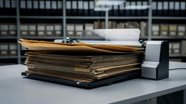 Medium shot of robotic document scanner feeding a stack of old folders main focus on the automated feeder with blurred background of archived files.