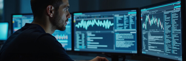 Data analysis with focused man working on multiple computer screens displaying graphs and codes, analyzing information in dark room. Data analysis for technology, finance, or research projects.