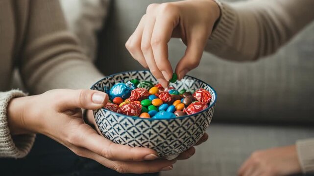 Sharing a Bowl of Colorful Candy - A Sweet Moment of Connection.