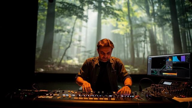 Medium shot of an artist overlaying layered forest visuals on a stage cyclorama clear details on the artists face and controls contrast with the softly blurred woodland imagery