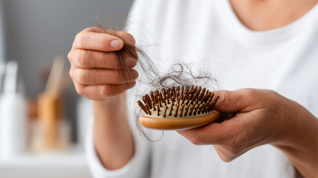 Close-up hands holding hairbrush with fallen hair, person showing excessive hair loss after combing, hair health concern with visible shedding shown, bathroom environment with hair