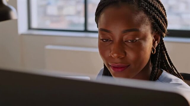 black woman developer coding on large monitor, ui mockups and color palette visible, typing at keyboard in bright studio office, braided hair, focused smile, creative startup energy