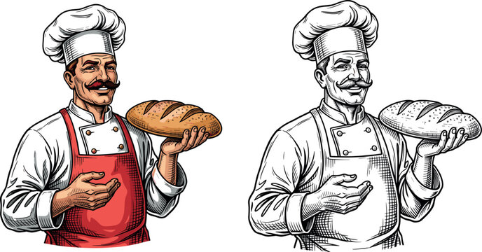 Professional baker character in chef hat and apron gesturing toward fresh sourdough bread loaf in a detailed vintage engraved illustration style.