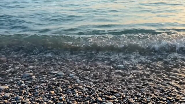 Gentle Shoreline Lapping A serene, close-up shot of small waves gently lapping onto a sandy or pebbly beach, creating intricate, repeating wet patterns that disappear and reappear. Soft, diffused