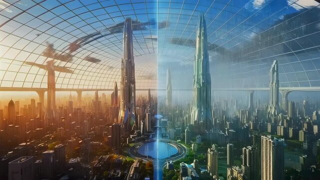 domed urban habitat with towering spire and solar reflections, sunrise light splits across glass grid, drones and skybridges frame sustainable skyline and modern architecture