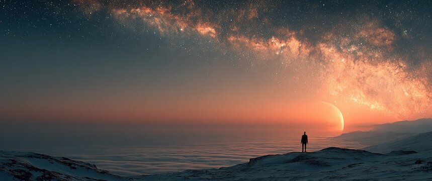 Astronaut on the moon gazing at Earth under an orange nebula, wide-angle silhouette against the starry cosmos, epic space scene.
