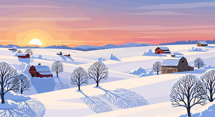 Serene winter landscape with snow-covered houses, trees, and rolling hills under a vibrant sunset with warm, orange hues in a snowy village.