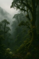Cloud forest on steep slopes with mossy trees, drifting fog, epiphytes, and soft mystical light