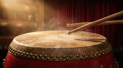 Obraz premium Dramatic red taiko drum, traditional percussion instrument, creates powerful sound on stage. music and energy from hit shown with smoke in dramatic light