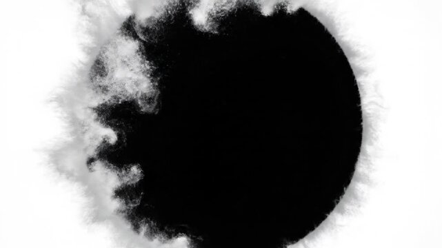 Black ink blot circle with fuzzy edges on white background