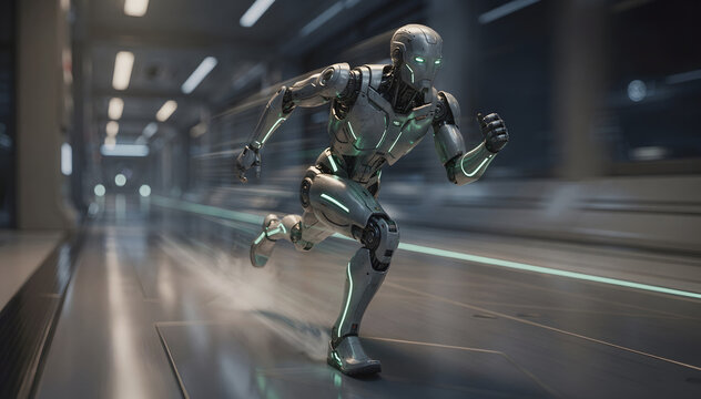 Futuristic Humanoid Robot Running Fast in a Modern Corridor Depicting Speed, Technology, and Progress for Science Fiction and Innovation Concepts