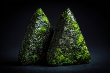 Close up of two triangular rice balls covered with seaweed against a dark background
