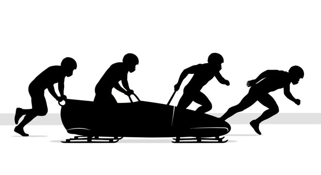 Silhouettes of bobsled team pushing and running with sled