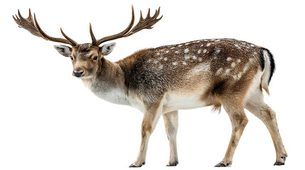 Fototapeta premium Majestic deer with antlers standing isolated on white background dramatic studio lighting ultra realistic fur wildlife stock image, Realistic Photo