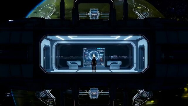 silhouette commander in panoramic observation bay overlooking planet, wide viewport, strategic stance, holographic console glow, deep space backdrop, commanding atmosphere