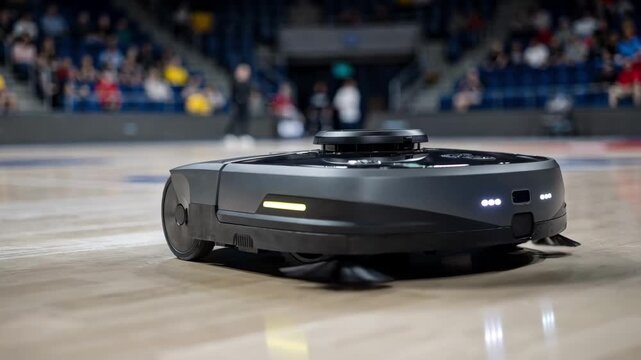 Medium shot of an autonomous floor cleaner silently navigating an arena court during event changeover with a blurred background of stadium seats.
