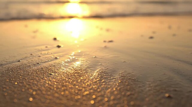 Golden Sand Micro-Ripples An extreme close-up of individual sand grains glistening under the golden-hour light as a tiny, gentle wavelet recedes, leaving intricate, ephemeral patterns on the wet