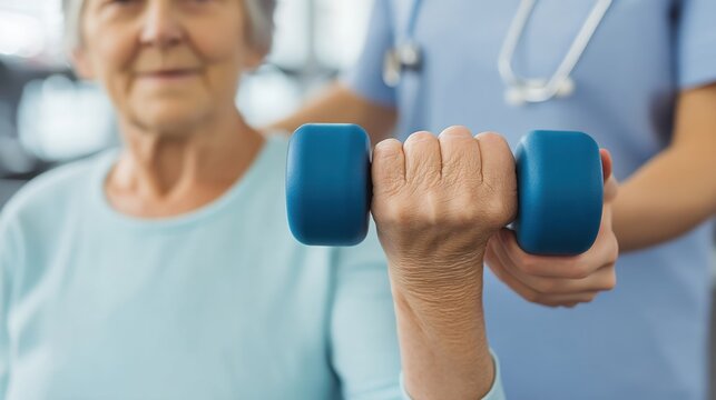 Elderly Woman Engaging in Strength Training with Dumbbell in a Supervised Fitness Environment