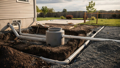 Installing a New Septic System: Grey Tank and Pipes Installation in Residential Area, Preparing the Ground with Excavation and Gravel for Efficient Waste Management Project