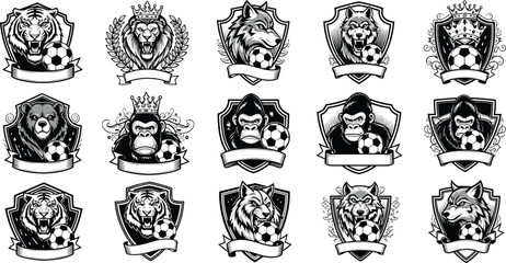 Collection of sixteen black and white sports animal emblems featuring tiger, lion, wolf, bear, gorilla with soccer ball decorative designs