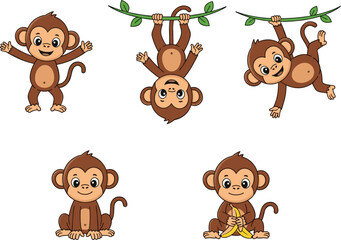 Fototapeta premium Cute cartoon monkey character set showing hanging, sitting, waving, and eating banana poses in playful flat vector style