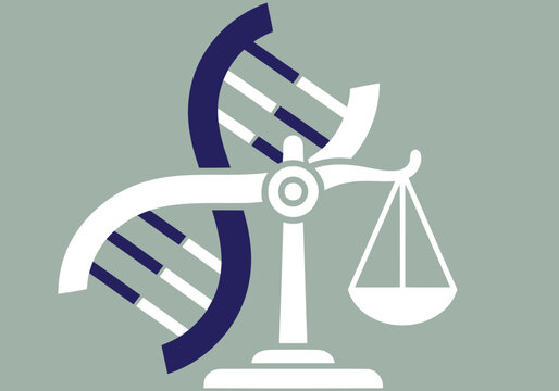 A balanced scale featuring a DNA helix and gavel symbolizes ethical genetic legislation. Modern, minimalist design with a muted color palette. Suitable for legal, science, and ethics-related themes.