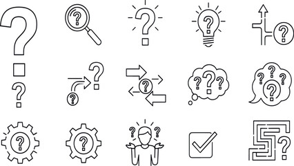 Adobe Illustrator Artwork  Minimalist Inquiry and Decision Making Line Icon Set Featuring Complex Questioning Logic Flowcharts and Problem Solving Maze Symbols © Rahim