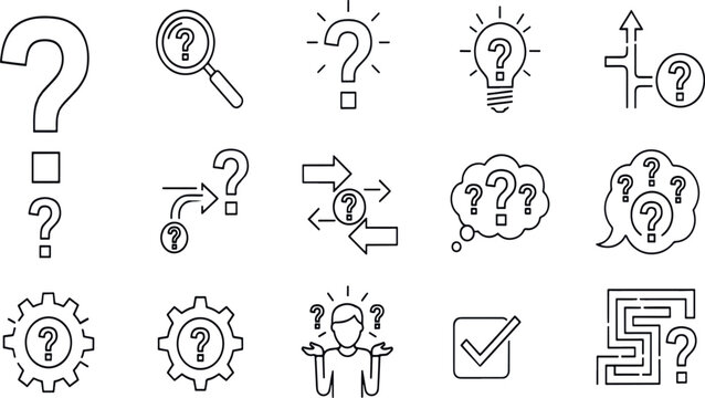 Adobe Illustrator Artwork  Minimalist Inquiry and Decision Making Line Icon Set Featuring Complex Questioning Logic Flowcharts and Problem Solving Maze Symbols