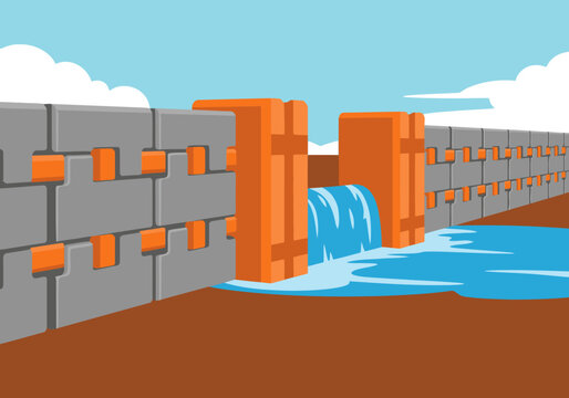 A modular flood wall redirects water, showcasing a robust and effective barrier solution. Clean lines and a modern design highlight its functionality and visual appeal.