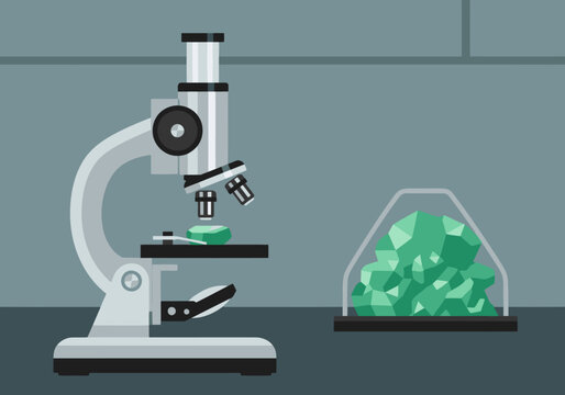 A stylized illustration showcases a space lab examining mineral crystals under a microscope. A vibrant green crystal cluster sits beside the equipment, highlighting scientific research.