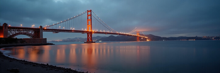 Fototapeta premium Golden Gate Bridge illuminated at dusk over calm water creating stunning reflection. Golden Gate Bridge showcases iconic design and architecture by the bay, perfect for travel and tourism concepts.