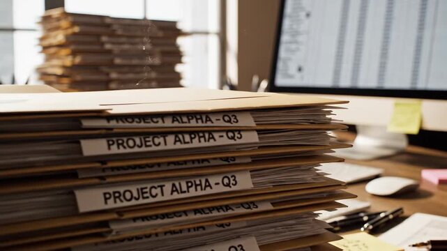 Office desk with stacked files and computer monitor in the background.