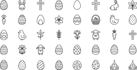 Collection of various black outline icons representing classic religious and springtime Easter holiday symbols for seasonal design projects © Malik 