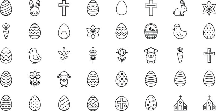 Collection of various black outline icons representing classic religious and springtime Easter holiday symbols for seasonal design projects