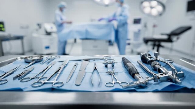 Closeup medium shot focusing on an orthopedic surgery table with sterile instruments neatly arranged surgical lights casting a focused glow while the background is softly out of