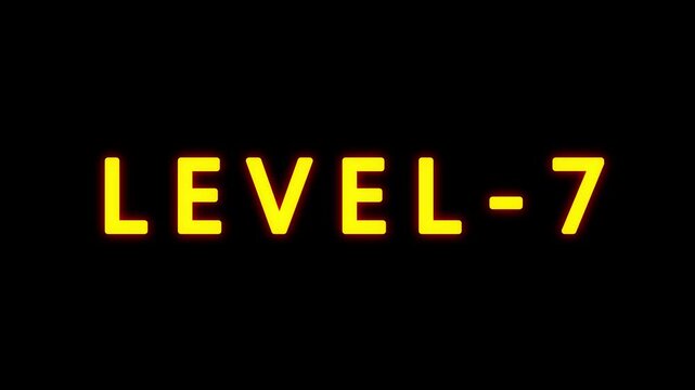 LEVEL 7 text animation on black background. typography ideal for gaming progress, level 7 text bounce animation with glow effect.