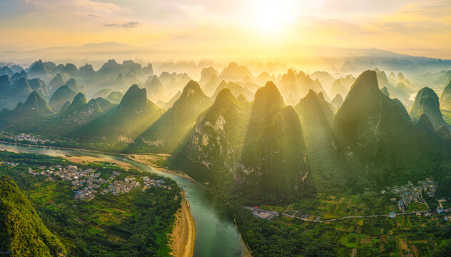 Majestic aerial view of karst mountains and Li River at sunrise in Guilin, China.