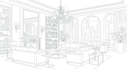 Luxurious drawing room interior outline featuring comfortable seating areas a large fireplace built in bookshelves and grand arched windows overlooking a distant cityscape outline. © Malik 