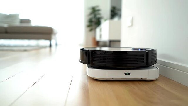 Modern Robotic Vacuum Cleaners on Wooden Floor, Home Interior Scene