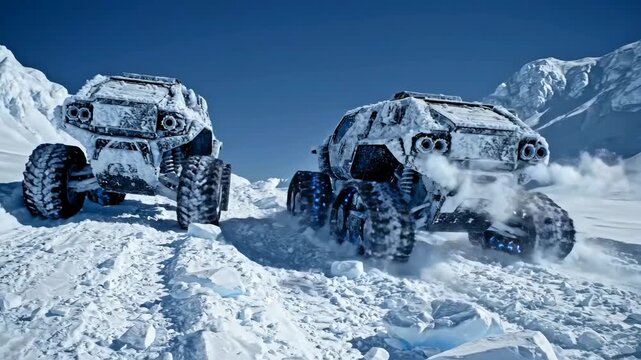 Armored tracked rover crosses icy tundra, climbing steep snow ridge under clear blue sky, heavy treads churn powder and ice, engine steam and snow spray, frostcovered hull and rugged